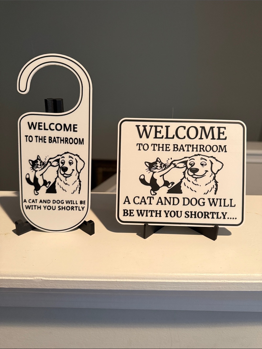 Welcome to the Bathroom Cat and Dog Sign and door hanger - Black & White